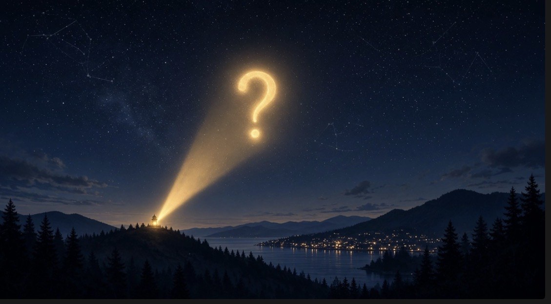 Olympia searchlight projecting a question mark over the night sky